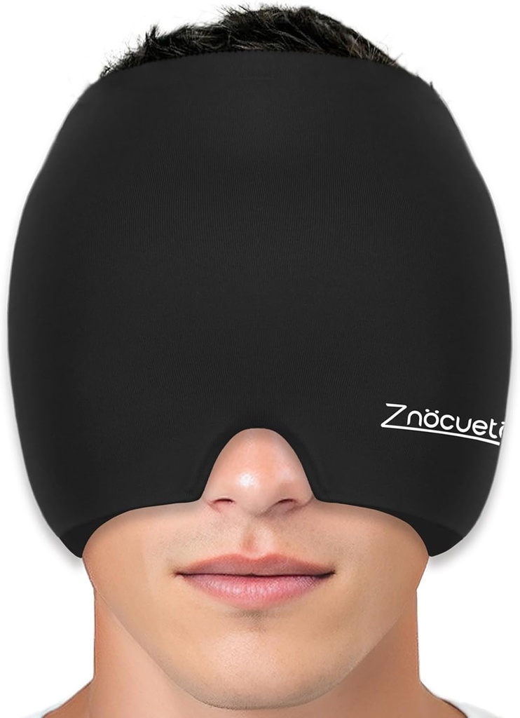 ZNÖCUETÖD Migraine Headache Relief Cap Hat Full Head Ice Pack Wrap Cooling Gel Ice Beanie Hot/Cold Compression Cap för Sinus, Stress, Hangover Headache Pain Relief - Reusable Men Women, Black, Size M