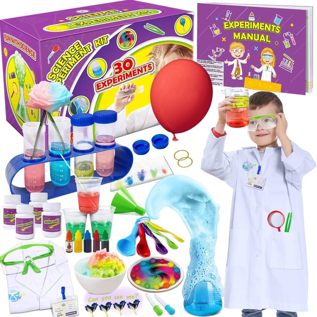 UNGLINGA 30 Experiments Science Kit för barn med Lab Coat, Kemi Set STEM Leksaker födelsedag Gåvor för pojkar Flickor, Scientist Costume Role Play Tools Educational Learning Set