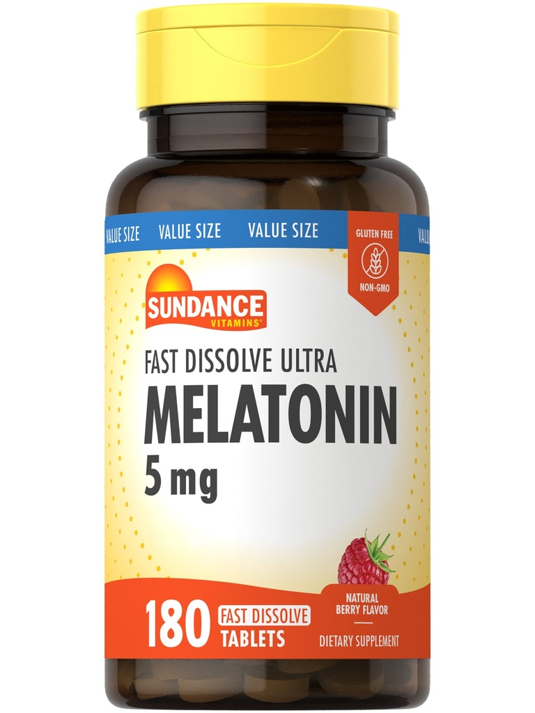 Sundance Melatonin 5mg tabletter | 180 vegetariska greve | Snabb upplösning | Naturbär smak | Vegetarisk, icke-GMO och Gluten fri tillägg