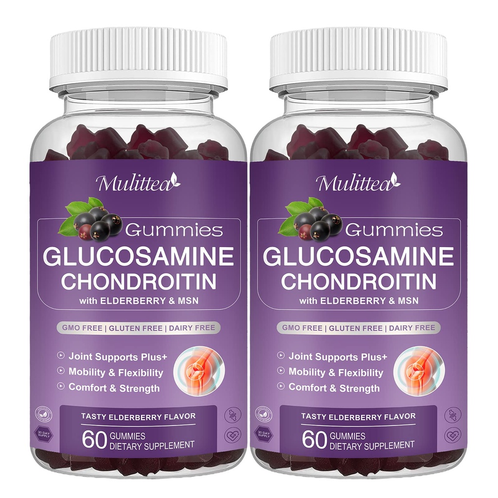 Mulittea Glucosamine Chondroitin Gummies - Extra Strength Joint Support Supplement med MSM & Elderberry för Natural Joint, Antioxidant Immune Support för vuxna, Män & Kvinnor-(2 Pack)