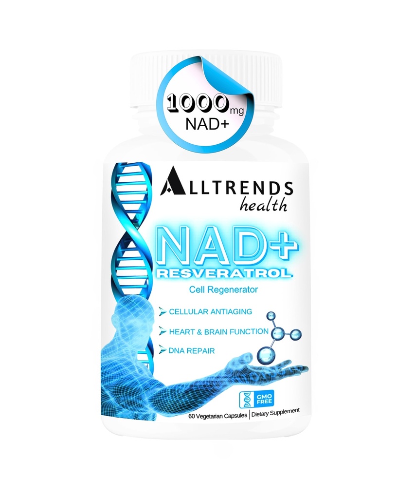 ALLTRENDS Health NAD Supplement 1000mg |Resveratrol 500mg |TMG Trimethylglycine 500mg | Vitaminer för cellregenerering, hjärt- och hjärnfunktion, DNA-reparation, livslängd, energi och oxidativ stress | 60Caps