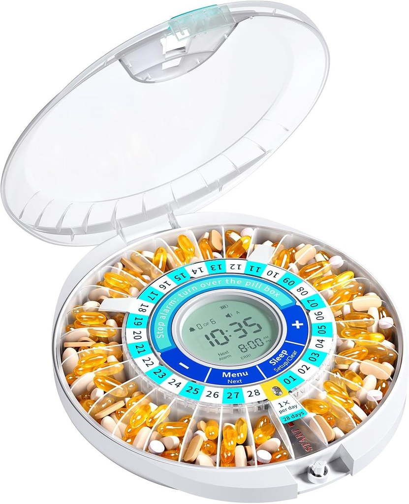 Daviky Automatic Pill Dispenser för äldre med Alarm, 28-Day Electronic Locked Pill Box, Sound & Light Reminders för medicinering, vitaminer och tillskott