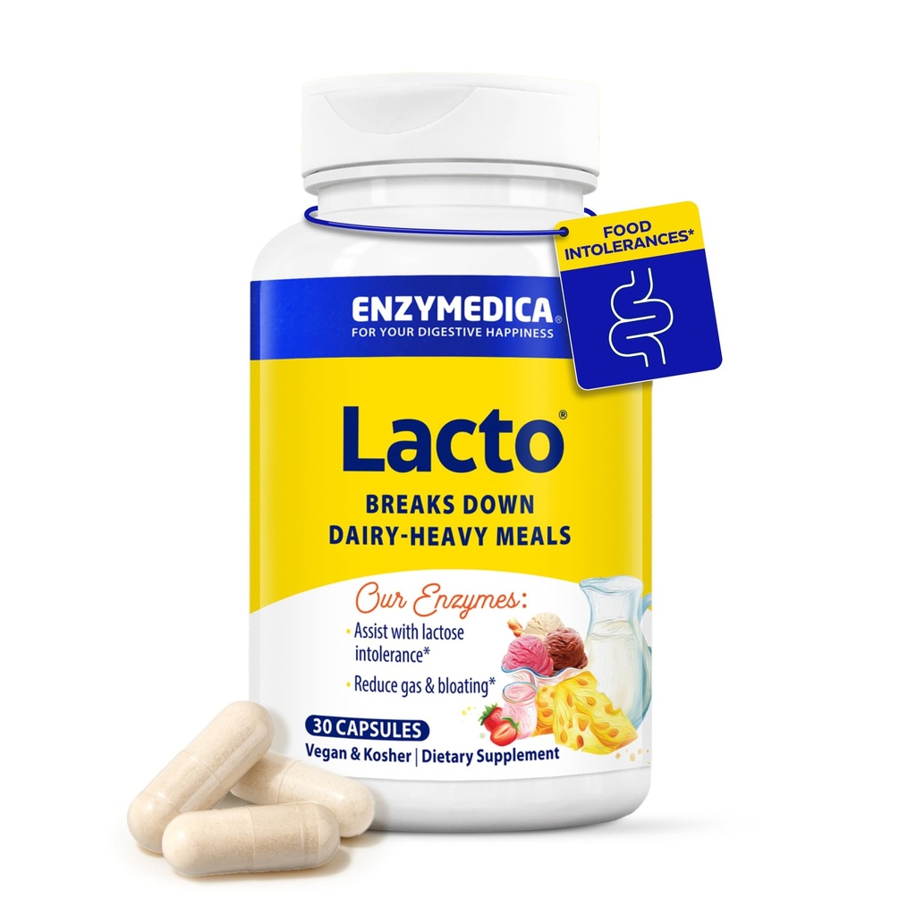 Enzymedica Lacto, Advanced Lactase Pills för Dairy Support, hjälper till att bryta ner laktos, Casein & Fat, Dairy Relief Pills, Vegan, 30 kapslar
