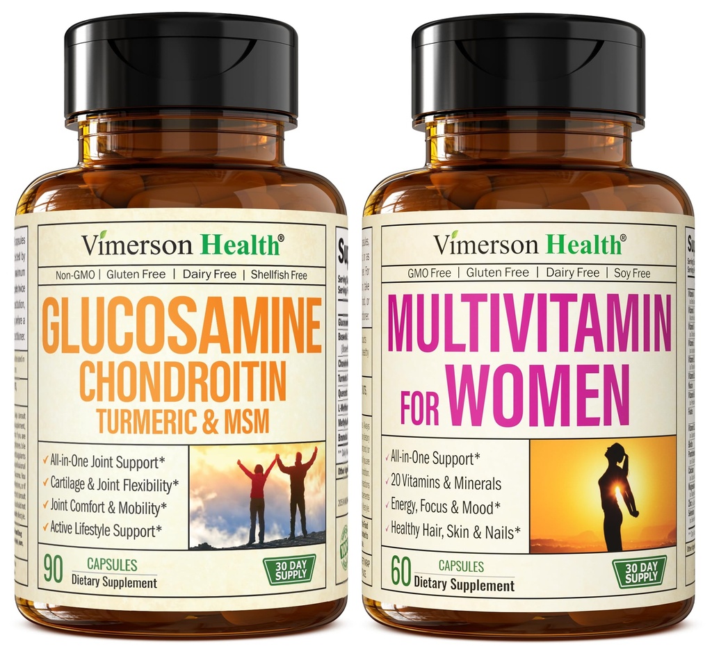Glukosamin chindroitin gurkmeja + multivitamin för kvinnor 2-flaska tillskottsbindel för henne. hälsosam immunrespons, gemensamt stöd, antioxidantegenskaper