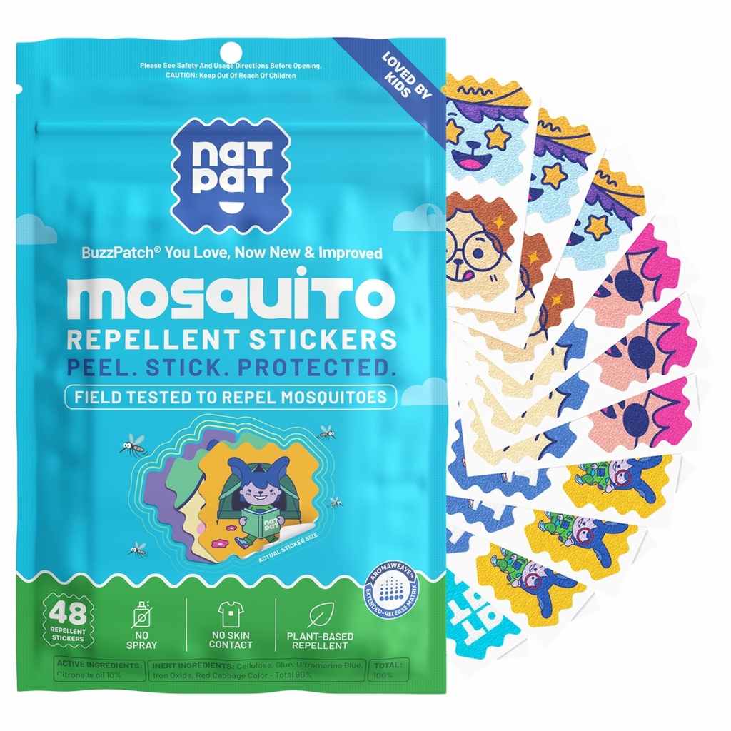 NATPAT Buzz Patch Mosquito Patch Stickers for Kids - Plant Based Ingredients, Non-Toxic - Original All Natural Citronella Essential Oil Insect Patch, DEET Free, för småbarn, barn (60 Pack)