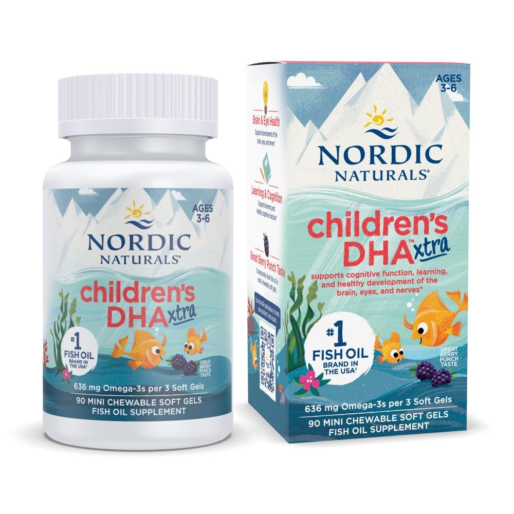 Nordic Naturals Children's DHA Xtra, Berry Punch - 90 Mini Chewable Soft Gels för barn - 636 mg Omega-3s EPA & DHA - Kognitiv & immunfunktion, lärande, social utveckling - Icke-GMO - 30 portioner
