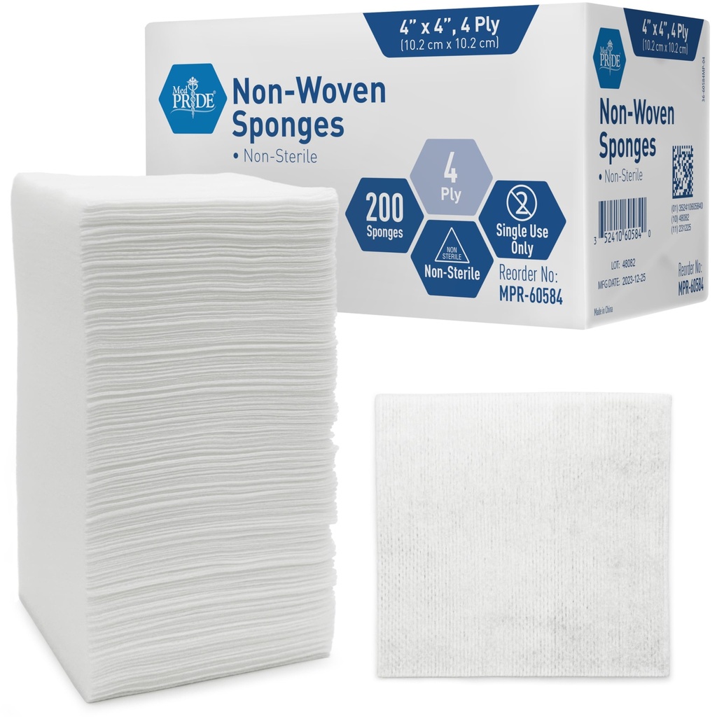 MED PRIDE Icke-vävda icke-sterila kirurgiska svampar 200 Pack, 4in X 4in 4-Ply Gauze Pads för första hjälpen sårvård