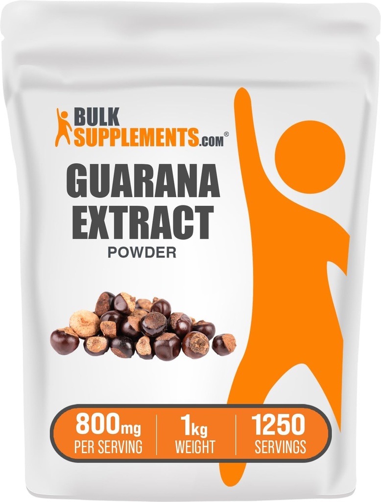 BulkSupplements.com Guarana Extract Powder - Natural Caffeine Supplement, from Guarana Seed, Guarana Powder - Gluten Free, 800mg per Serving, 1kg (2.2 lbs) (Pack of 1)