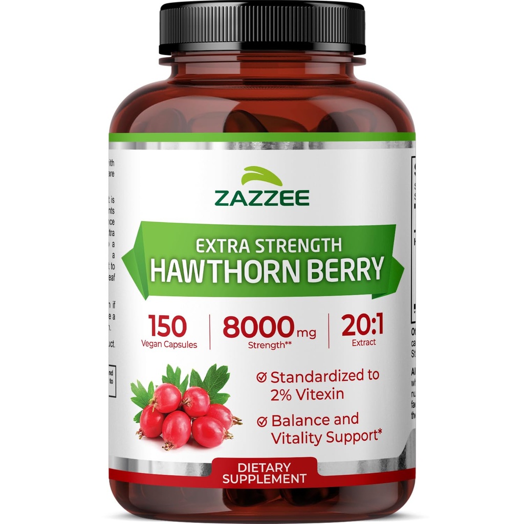 Zazzee Extra Strength Hawthorn Berry 20:1 Extract, 8000 mg Styrka, 2% Vitexin, 150 Vegan kapslar, 5 månaders leverans, koncentrerad och standardiserad Potent 20X Extract, Non-GMO och All-Natural