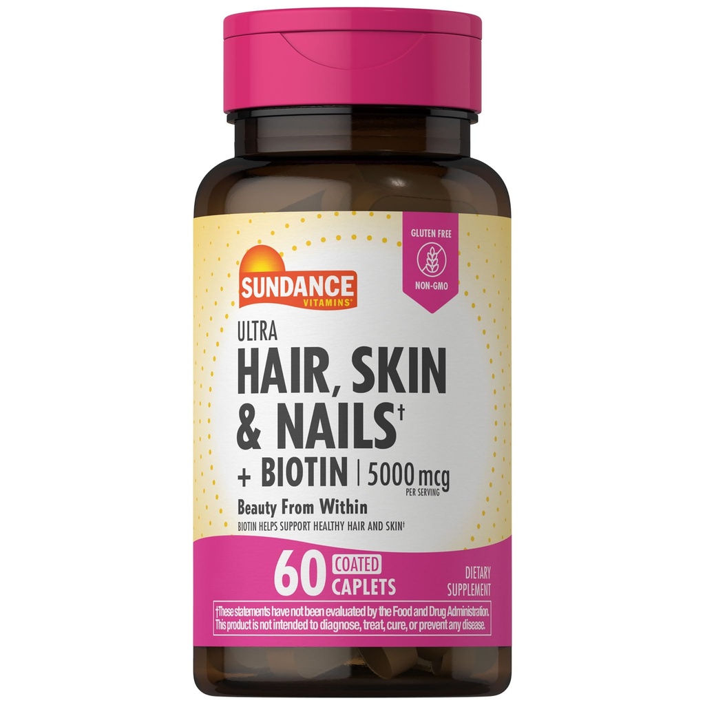 Sundance Hair, Skin & Nails Vitamins | 5000mcg | 60 Coated Caplets | med Biotin och Collagen | Non-GMO & Gluten Free Supplement
