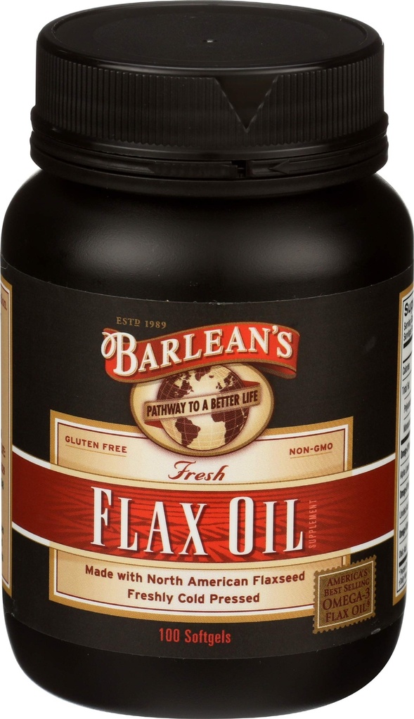 Barleans Omega 3 6 9 Flaxseed Oil Supplements, Cold-Pressed Flax Seed Supplement Softgels med 1650 mg ALA Fatty Acids, 100 Count