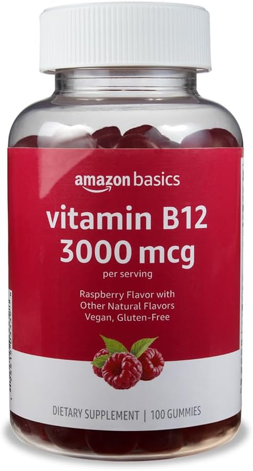 Grundläggande vitamin B12 3000 mcg Gummies, Normal Energy Production och Metabolism, Immune System Support, Raspberry, 100 greve (2 per portion) (tidigare Solimo)