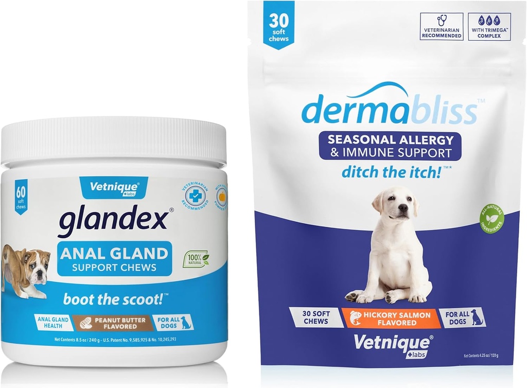 Vetnique Labs Dermabliss Allergy Chews 30 Ct och Glandex Anal Gland Support Chews 60 Ct Bundle Dog Vitamins & Supplements, Anal Gland Dog Behandlar med probiotika, Dog Allergies Skin Behandling Soft Chew