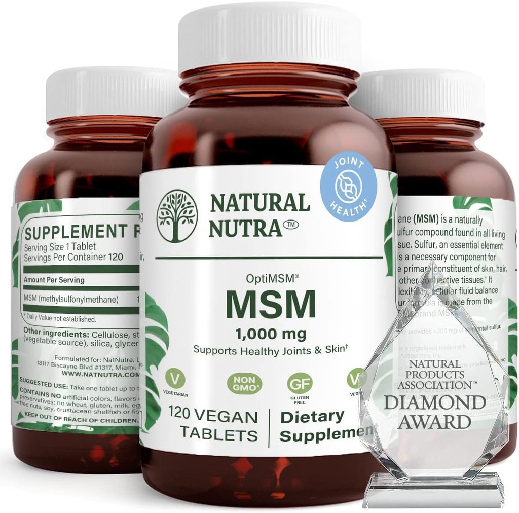 Natural Nutra OptiMSM, MSM Supplement med svavel, förebygga gallring hår, öka gemensam flexibilitet och benhälsa, broskhälsa, hjälper till att stödja flytande balans, 1000 mg, (120) Vegan tabletter