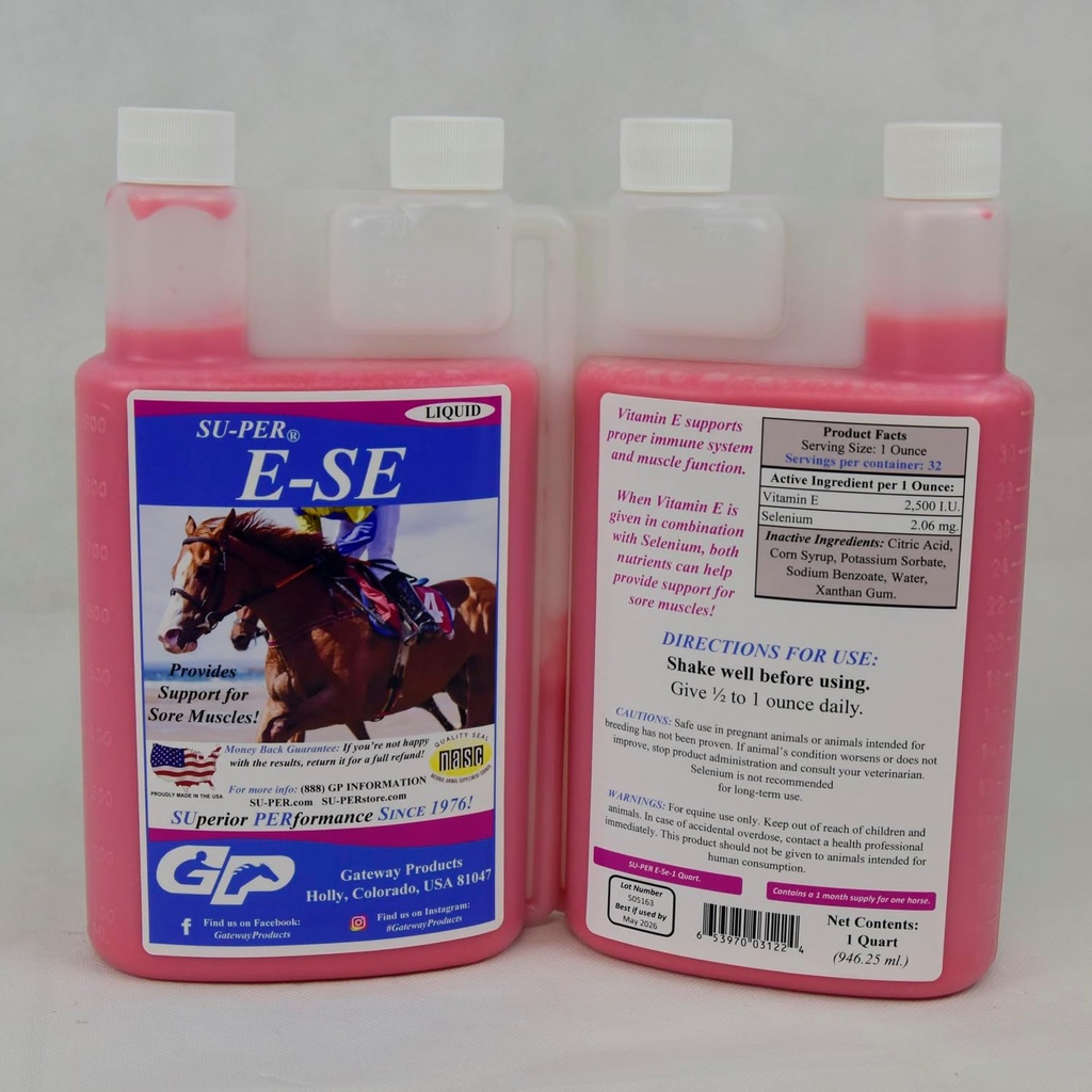 SU-PER E-Se Horses Antioxidant Supplement - Vitamin E & Selenium för ömma muskler Support - 1 kvart, 1 månads leverans (30 dagar)