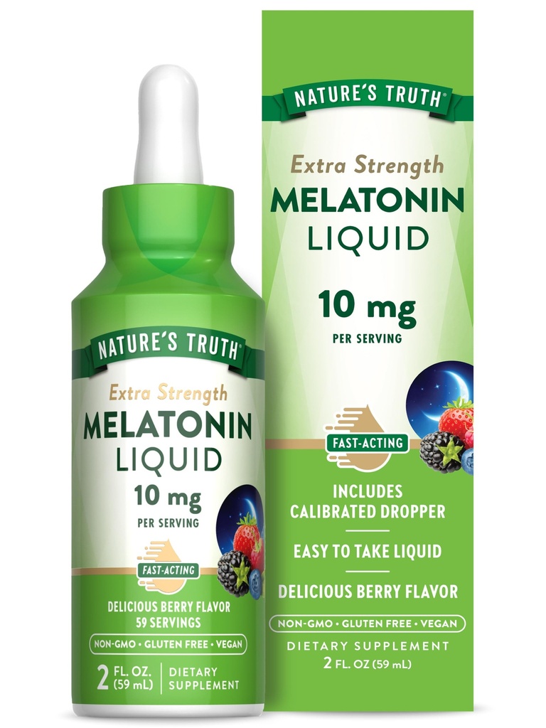 Naturens Sanning Melatonin Flytande | 10 mg | 2 Fl oz Maximal Styrka för vuxna | Berry Flavor | Vegan, Non-GMO & Gluten Free Supplement
