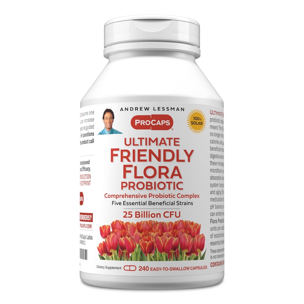 ANDREW LESSMAN Ultimate Friendly Flora Probiotic 240 Capsules - 25 miljarder CFU, omfattande blandning av fem probiotiska stammar, kraftfull immun och Digestive Support. Probiotika för kvinnor eller män