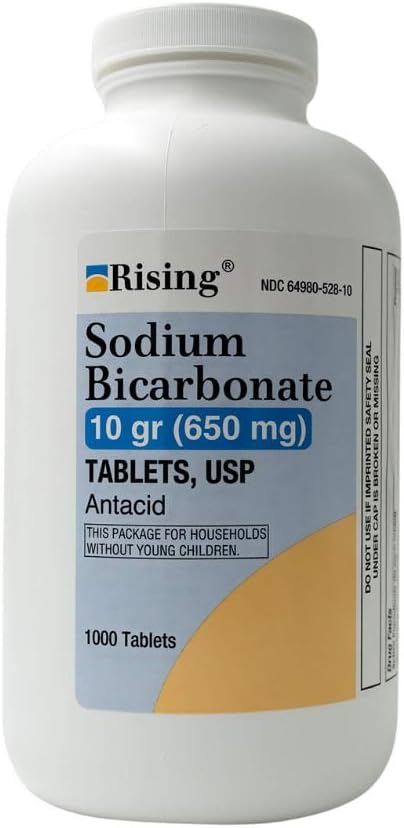 Rising Pharma - Sodium Bicarbonate 650mg - Antacid Used for Acid Indigestion, Heartburn, Sour Stomach Stomach Upset - 1000 Tablets