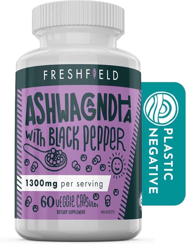 Freshfield Ashwagandha med Black Pepper. Vegan Friendly Supplement för Adrenal Fatigue Support, Muscle Memory, Thyroid och styrka. Alla naturliga 1300mg kapslar