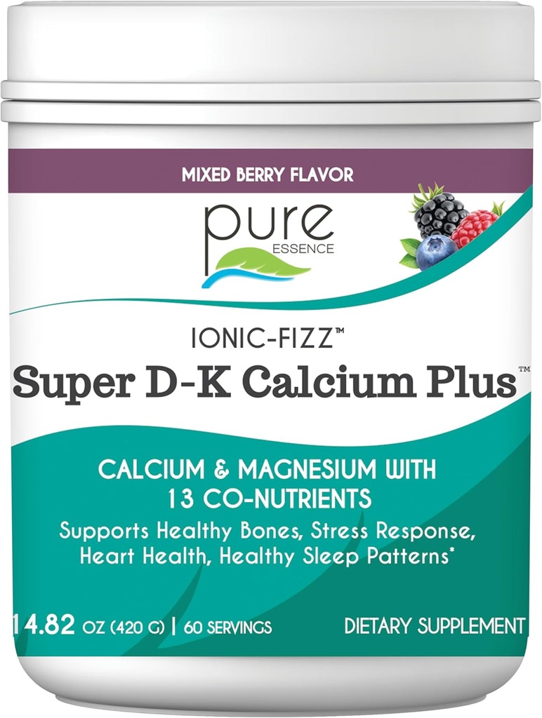 Ionic Fizz Super D-K Calcium Plus av ren essens - med extra magnesium, vitamin D3, vitamin K2 för starka ben och stressstöd - Mixed Berry - 14.82oz