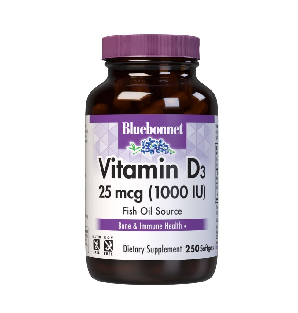 Bluebonnet Nutrition Vitamin D3 1000 IE Softgels, Aids in Muscle and Skeletal Growth, Cholecalciferol från Fish Oil, Non GMO, Gluten Free, Soy Free, Dairy Free, 250 Softgels