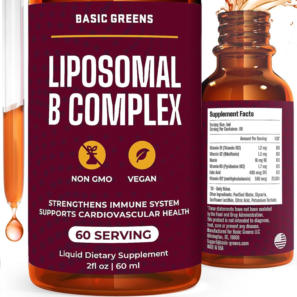 Liposomal B-vitaminer komplex flytande - Hög absorption för energi, hjärna och hudhälsa, hår och naglar, avancerad liposomalleverans, Vegan, icke-GMO, 2 Fl Oz