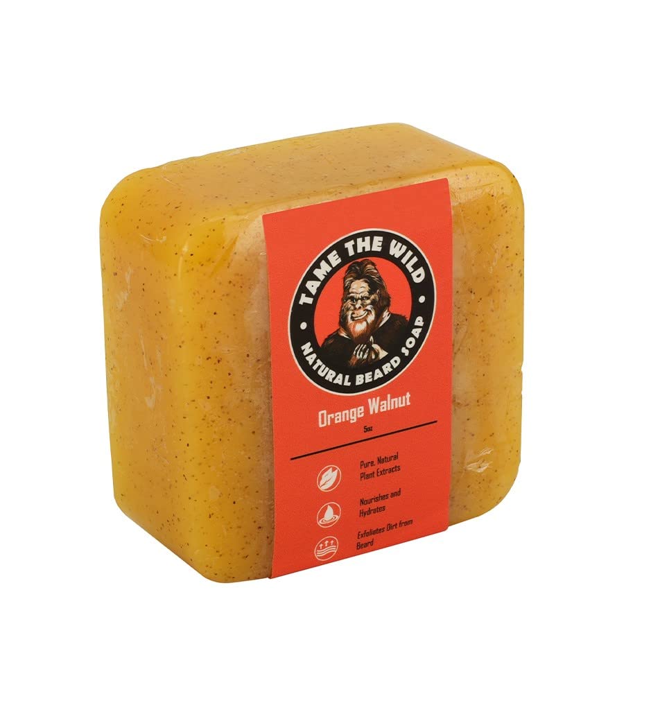 TAME THE WILD Orange Walnut Beard Soap Bar - 5 oz Exfoliating Beard Wash and Face Scrub - Shea Butter och Coconut Oil Cleanser - Hydrating Grooming Soap - Faderns daggåvor
