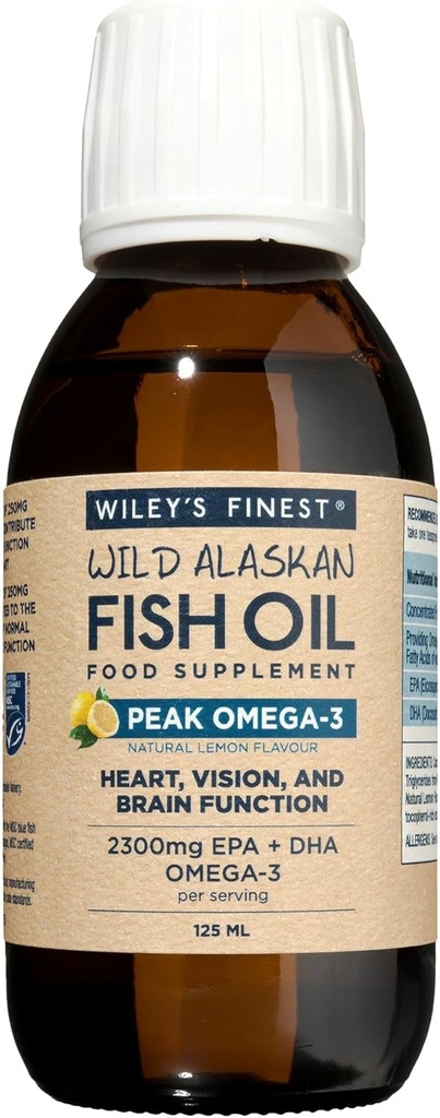 Wiley’s Finest Peak Omega-3 Liquid 2150mg EPA + DHA Omega-3 Natural Wild Alaskan Fish Oil Food Supplement 25 Servings