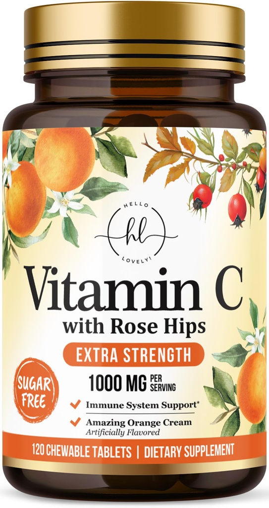 Vitamin C Supplement 1000mg - Extra styrka med Rose Hips Bioflavonoider - Sugar Gratis Vitamin C Chewable Pills, Naturens Vit C för Immune Support & Antioxidant Skydd - 120 Tabletter