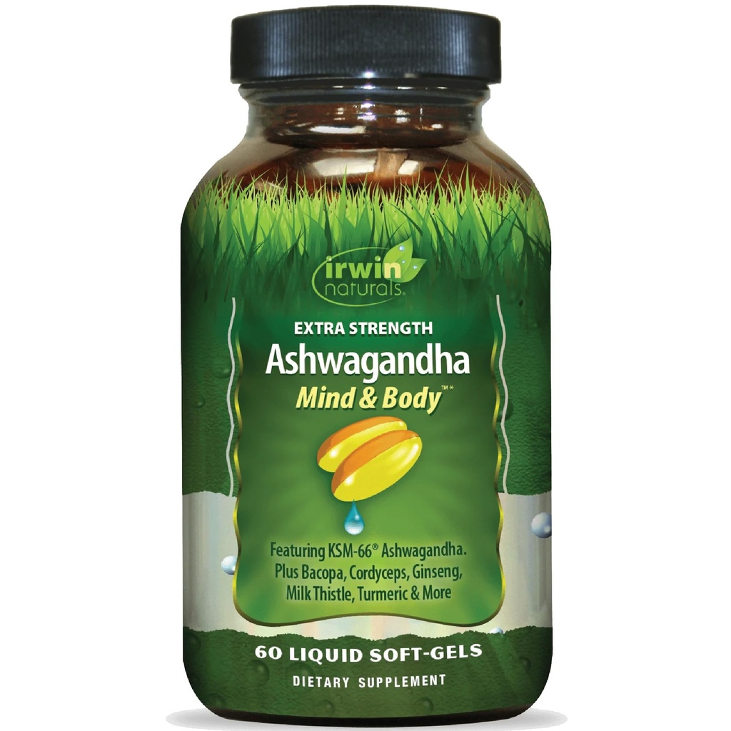 Irwin Naturals Extra Strength Ashwagandha Mind & Body Adaptogenic Herbs stöder stressrespons, humör, mental och fysisk prestanda med Cordyceps, gurkmeja, BioPerine & More - 60 Liquid Softgels