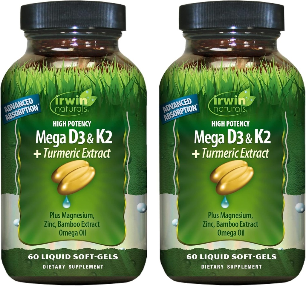 Irwin Naturals High Potency Mega D3 & K2 + gurkmeja extrakt för friska ben, immun funktion och positivt humör - Avancerad absorption med magnesium, gurkmeja, bambu & Omega olja - 60 flytande mjukglar