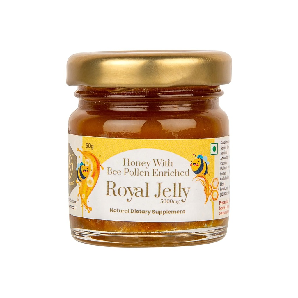 Shiva Organic Honey med Bee Pollen Beriked 2% Royal Jelly (50g) - Premium Organic Source - Unaltered Raw Honey med Royal Jelly Infusion för Holistic Wellness