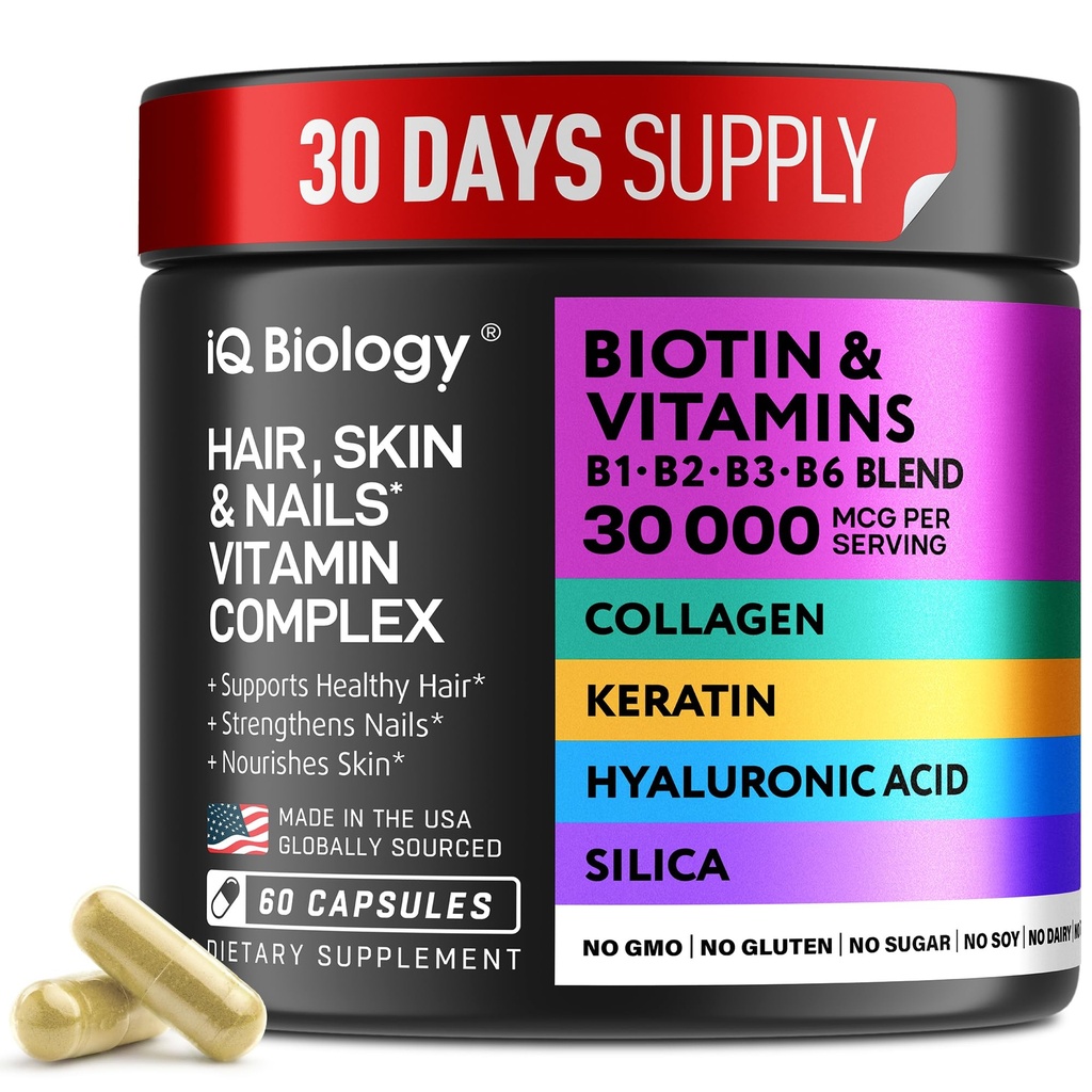 Biotin for Hair Growth Women & Men with Keratin, Collagen Complex 30000 mcg – Capsules for Hair Loss & Stronger Thickness – Skin & Nails Vitamins, Biotin 10000mcg and Collagen Supplements - 60 Pills