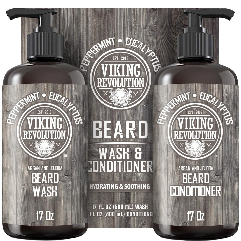 Viking Revolution Beard Wash & Conditioner Set w/Argan & Jojoba Oils - Softens, Smooths & Strengthens Beard Growth - Natural Peppermint och Eucalyptus Scent - Shampoo (17 oz)