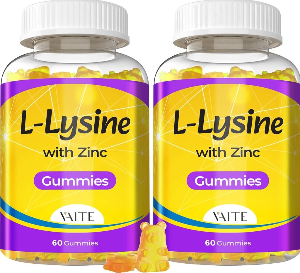 L Lysine Gummies 1000mg med Zink - Stöder hud, läpp, Vegan, Gluten Free, 60 Chewable L-Lysine för vuxna, vitaminer Tissue Health & Immune System, Amino Acid & Complex Supplements, Non-GMO(2Pack)