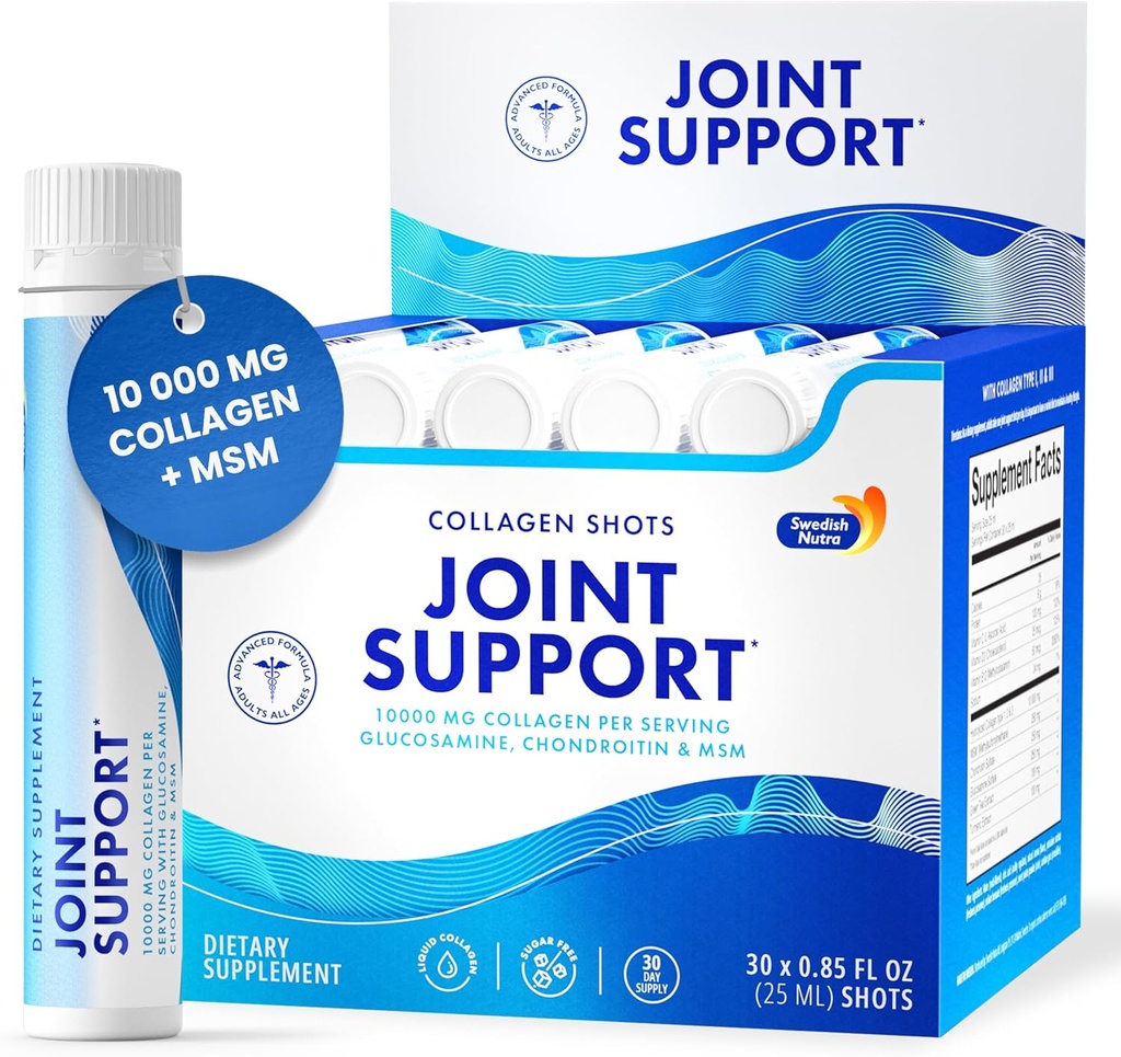Swedish Nutra - Joint Support 30 Shots I Collagen Type I, II & III I Glucosamine, MSM, Chondroitin, Turmeric I Sugar-Free - 30 Day Supply