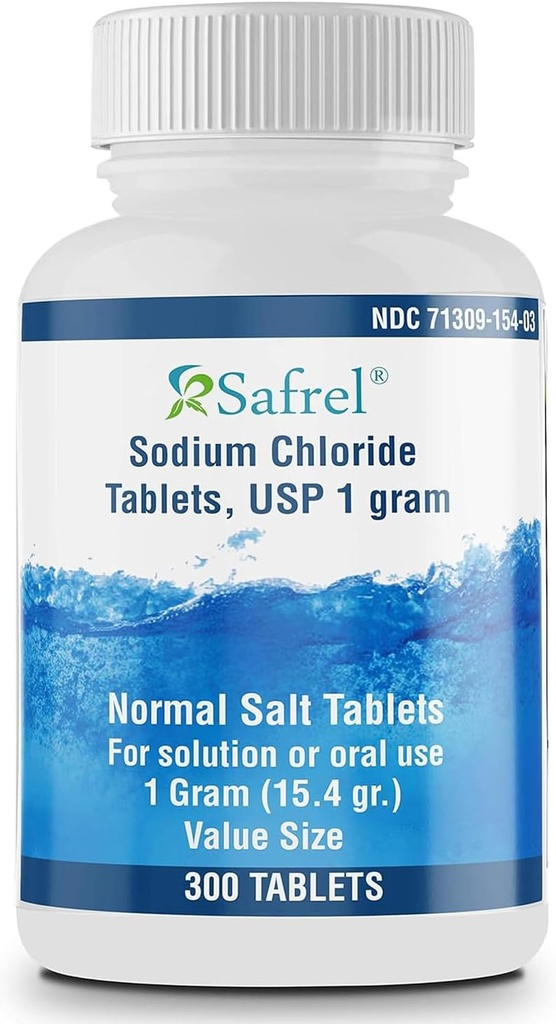 Safrel Natriumklorid tabletter 1 gm, USP | Normal Salt tabletter | (15.4gr.) | Electrolytes Replenisher Hydration Drink (300 greve av 1)