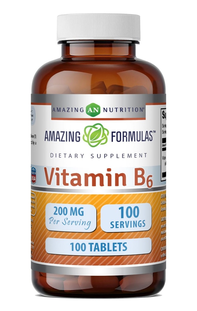 Amazing Formulas Vitamin B6 Pyridoxine 200mg 100 Tablets Supplement | Non-GMO | Gluten Free | Made in USA