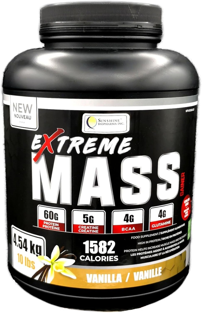 Extreme Mass Weight Gainer Muscle Builder, 10 lb (4,54 kg) med mindre socker för intensiv träning Made of high Calorie Fortified whey Protein (Vanilla)