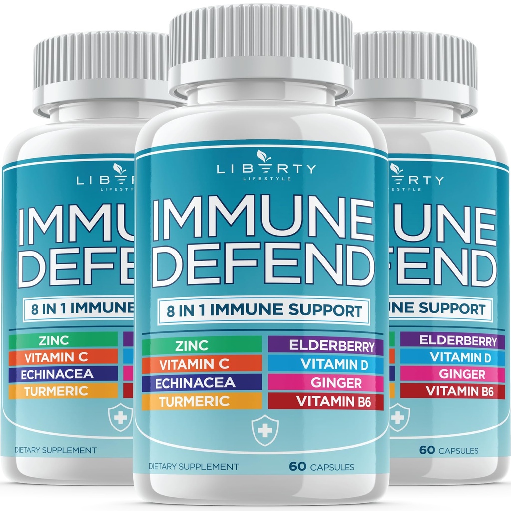8 Immune Defense Support, Immunity Vitamins Supplement Booster med Zink 50mg, Vitamin C Elderberry VIT D3 5000 IE, Turmeric Curcumin & Ginger, Echinacea - Allergy Relief för barn vuxna