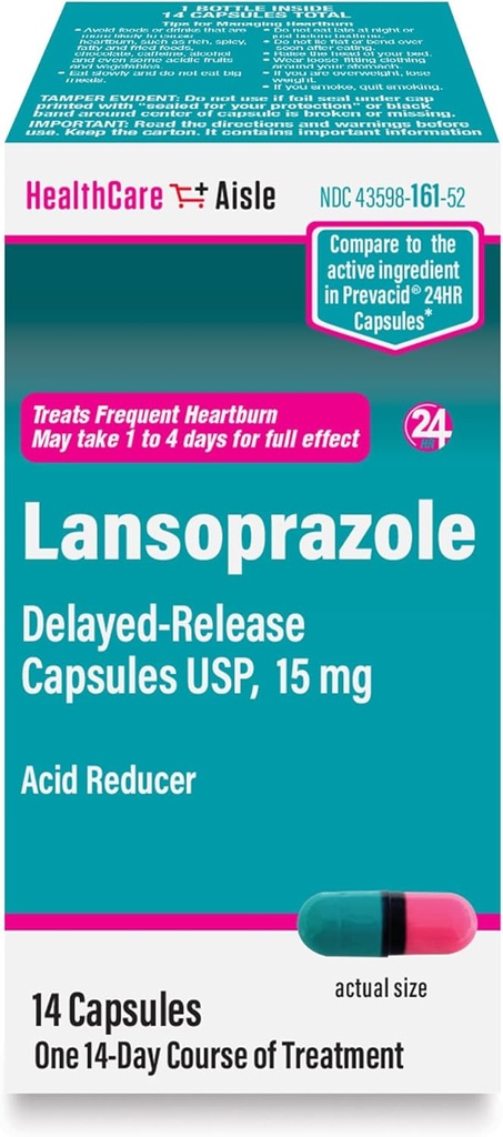 HealthCareAisle Lansoprazol 15 mg - 14 försenad frisättning kapslar - Syra Reducer, behandlar frekvent hjärtabränna