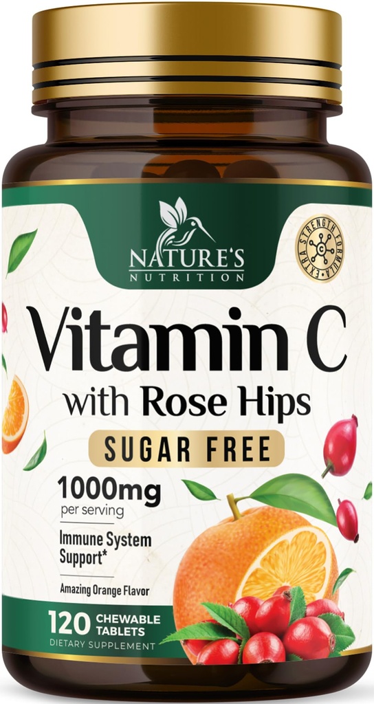 Vitamin C Chewable 1000mg - Extra styrka antioxidanter för kraftfull immunstöd w / vitamin C & Rose HIPS - Potent Dietary VIT C Chews Supplement, naturlig orange smak, Vegan, icke-GMO - 120 tabletter