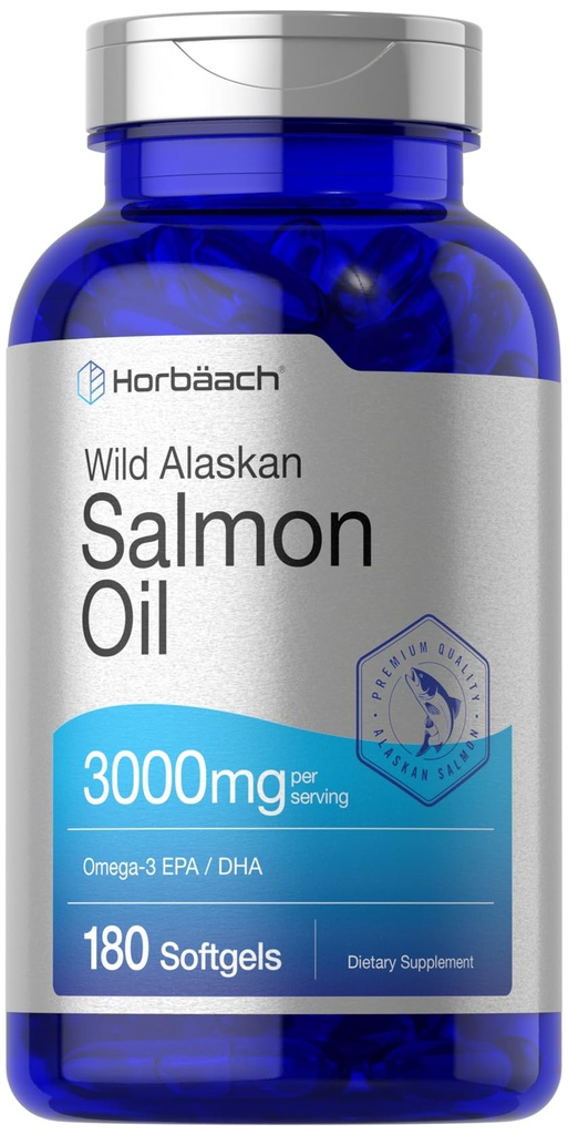 Horbäach Wild Alaskan lax fiskolja | 180 Softgel kapslar | Glutenfri, icke-GMO | Hög styrka | Utmärkt källa av Omega-3 fettsyror EPA och DHA