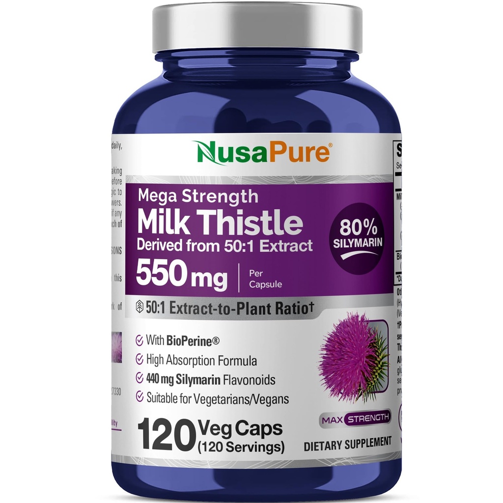 NusaPure Milk Thistle 50:1 Extract, 550 mg Equivalent till 27 500mg 120 Veggie Capsules Non-GMO, Vegan Max Strength - Standardiserad 80% Silymarin, Bioperine