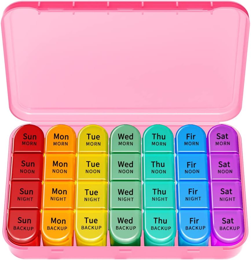 Weekly Pill Organizer, Large Pill Box Case (7-Day / 4-Times-A-Day) med stora kompartement för att hålla gott om fiskoljor, vitaminer, morgon middag Medication Dispenser (Pink)