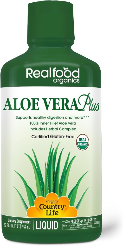 Country Life Realfood Organics Liquid Aloe Vera Plus - Stöder Digestive Health & Immune System - med Slippery Elm, Ginger, gurkmeja, Peppermint - Organisk ACTIValoe, Qmatrix Process - 32 oz