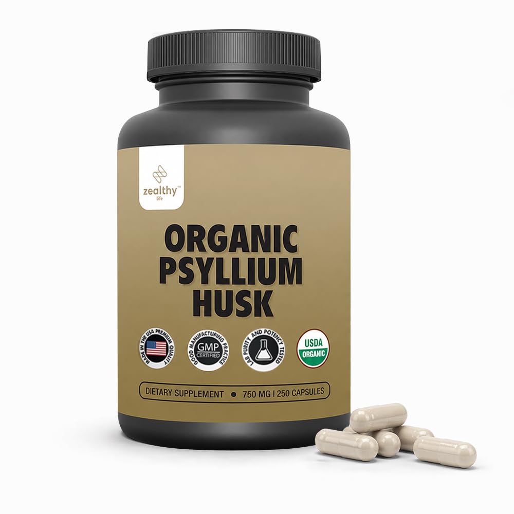 Organisk Psyllium Husk kapslar 750 mg, Natural Fiber Supplement för Gut Health * - Alternativ till Psyllium Husk Powder, Zealthy Life, 250 kapslar