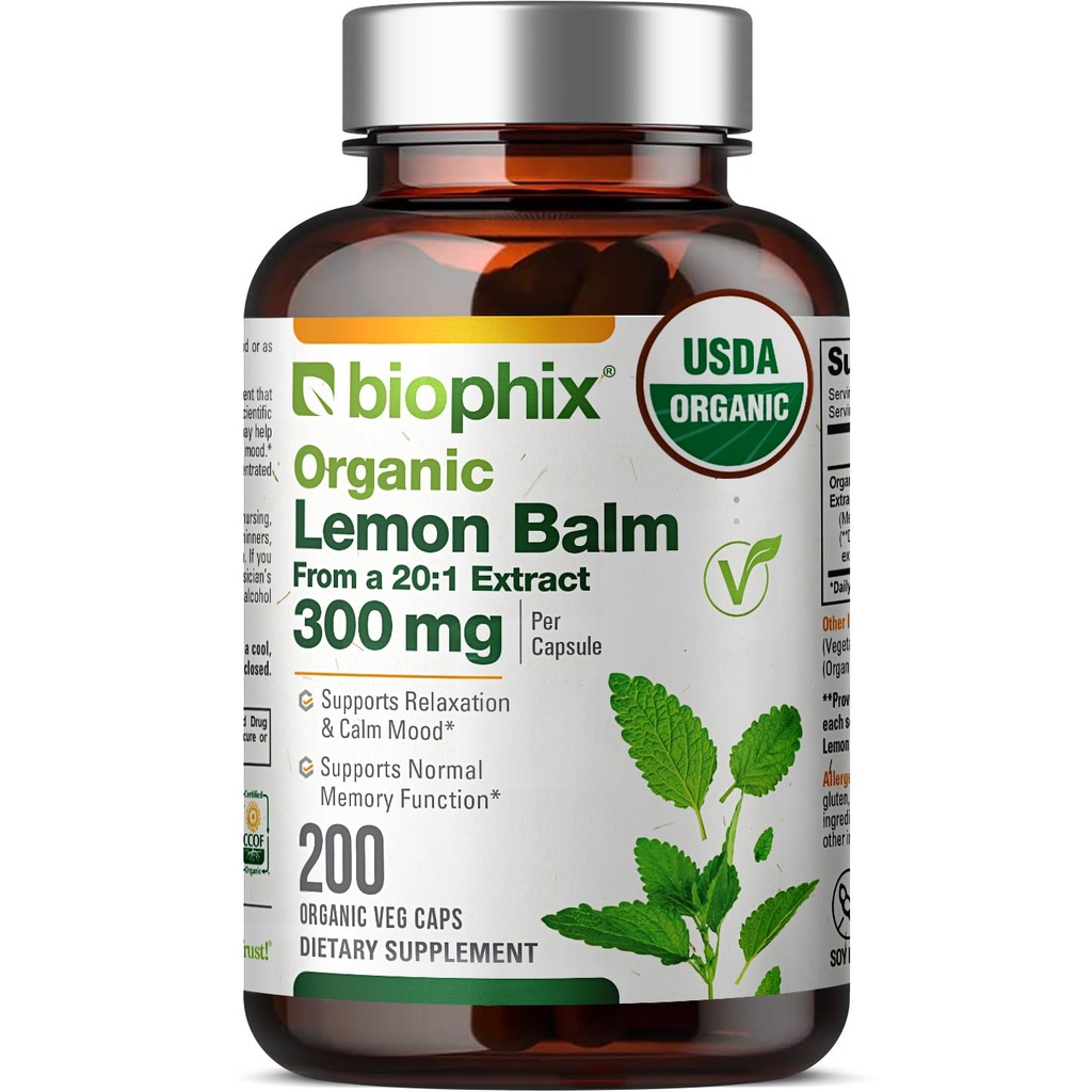 Biophix Lemon Balm Capsules USDA Organic 20:1 Extract 300 mg 200 Veggie Caps - Kognitiv Hälso Stress Sleep Mood Stöd naturliga växtbaserade tillskott