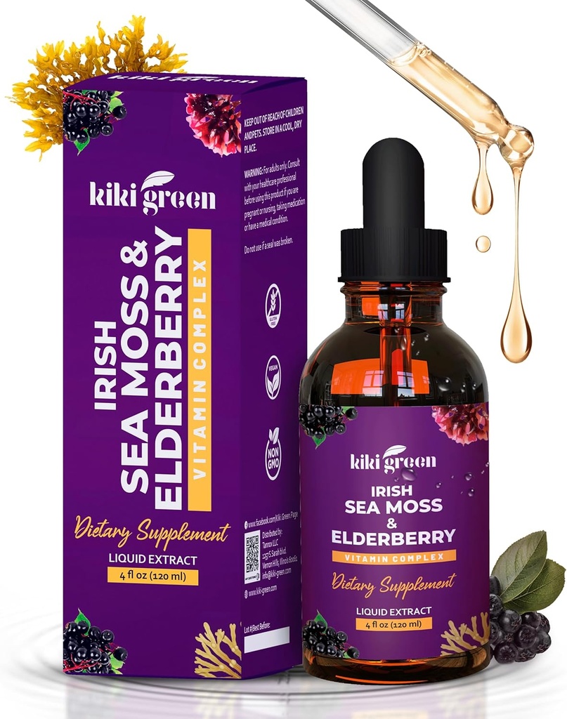 KIKI Green Liquid Irish Sea Moss + Elderberry Drops - Ultra Concentrated Sea Moss Supplement från Raw Sea Moss och Elderberry för Immune Support, Health Support, 2 Fl Oz