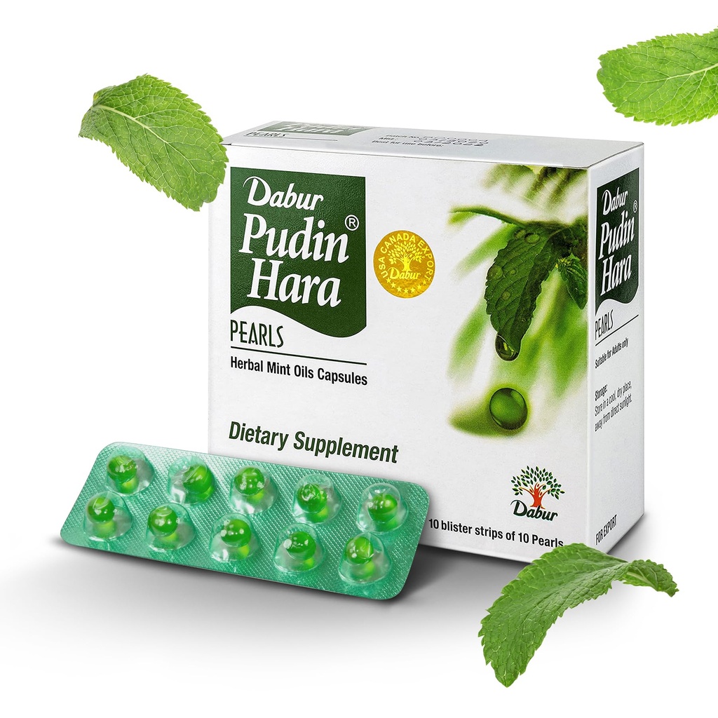Dabur Pudin Hara Pearls - Dagliga Digestive Care Supplements för män och kvinnor, hjälper till att avbryta symtom på uppblåsthet, syra, flatulens och matsmältningsbesvär för matsmältnings- och tarmhälsa, 100 räkna (Pack of 10)